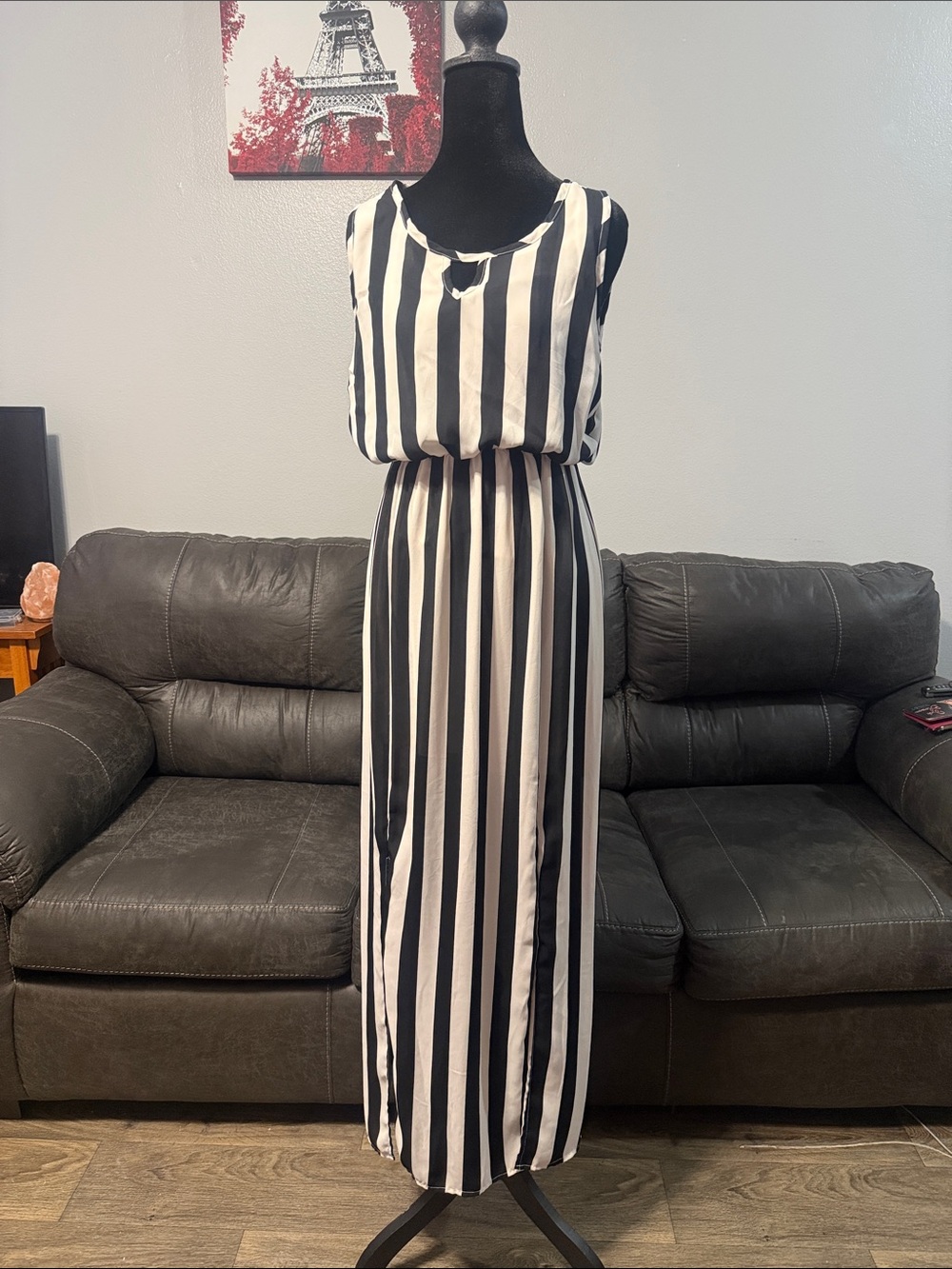 Sleeveless Black and White Vertical Stripe Maxi Dress